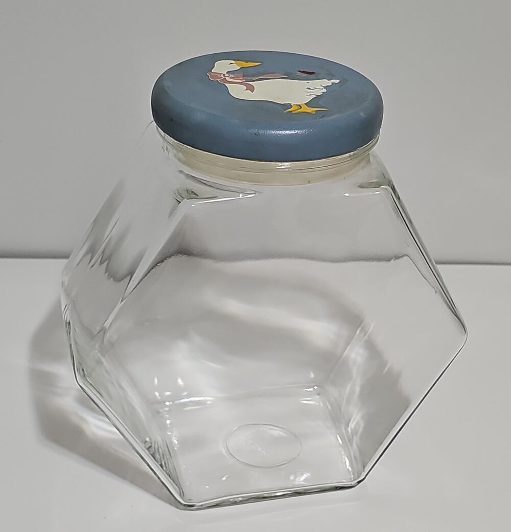 County Goose Hexagonal Clear Glass Storage Jar Wooden Lid Canister